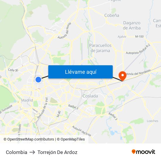 Colombia to Torrejón De Ardoz map