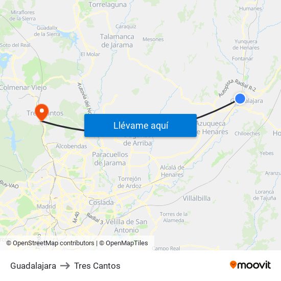 Guadalajara to Tres Cantos map