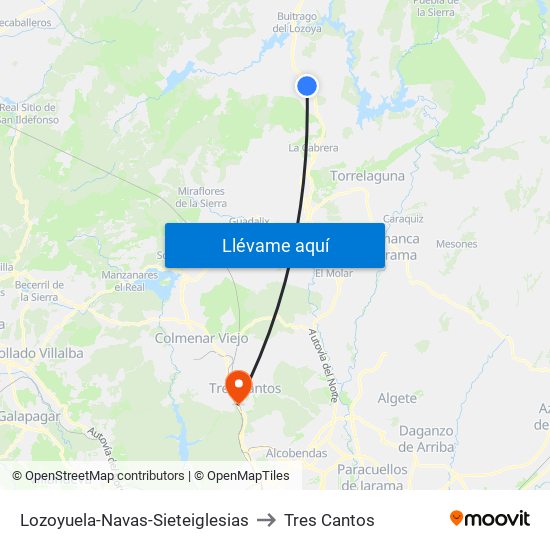 Lozoyuela-Navas-Sieteiglesias to Tres Cantos map