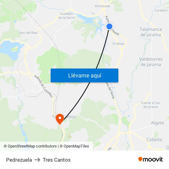 Pedrezuela to Tres Cantos map