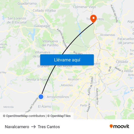 Navalcarnero to Tres Cantos map