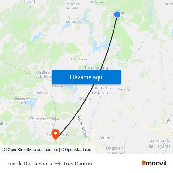 Puebla De La Sierra to Tres Cantos map