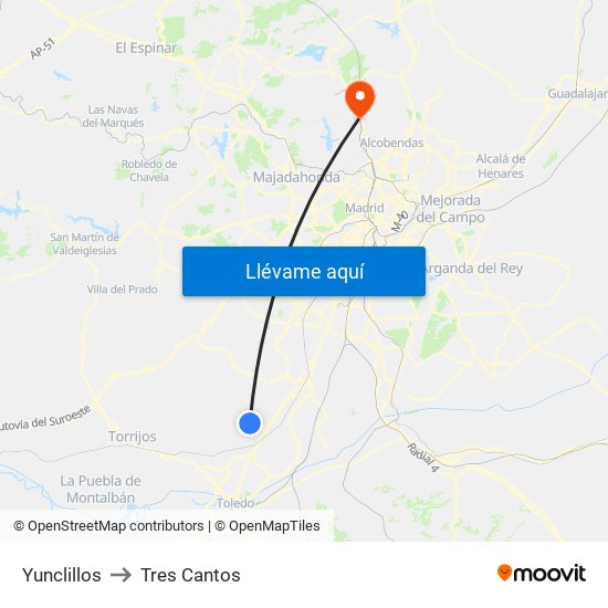 Yunclillos to Tres Cantos map