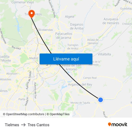 Tielmes to Tres Cantos map