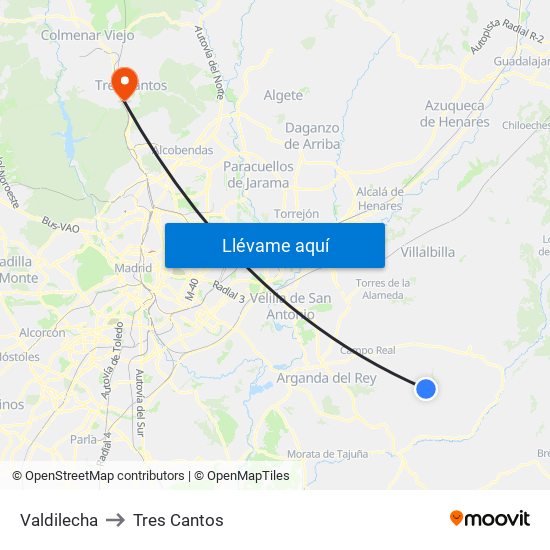 Valdilecha to Tres Cantos map