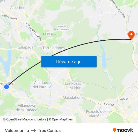 Valdemorillo to Tres Cantos map
