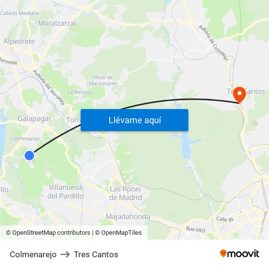 Colmenarejo to Tres Cantos map