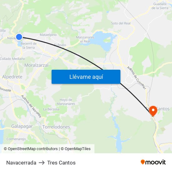 Navacerrada to Tres Cantos map