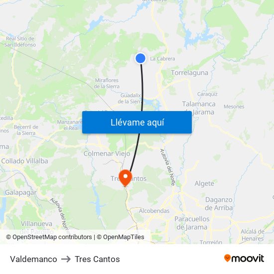 Valdemanco to Tres Cantos map