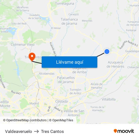 Valdeaveruelo to Tres Cantos map