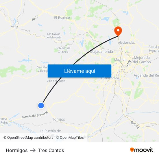 Hormigos to Tres Cantos map