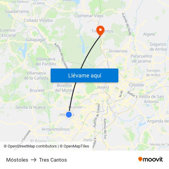 Móstoles to Tres Cantos map