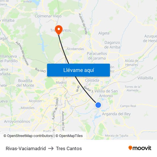 Rivas-Vaciamadrid to Tres Cantos map