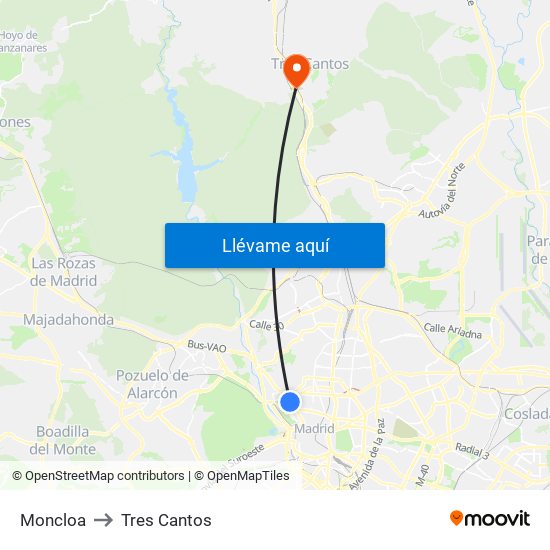 Moncloa to Tres Cantos map