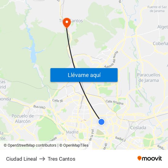 Ciudad Lineal to Tres Cantos map