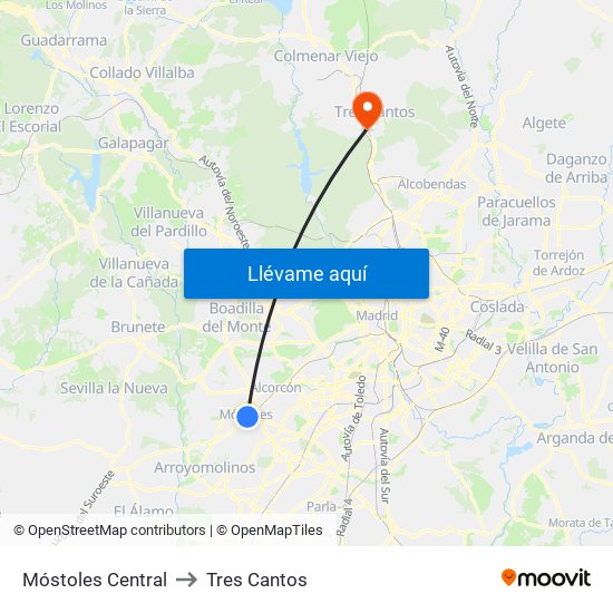 Móstoles Central to Tres Cantos map