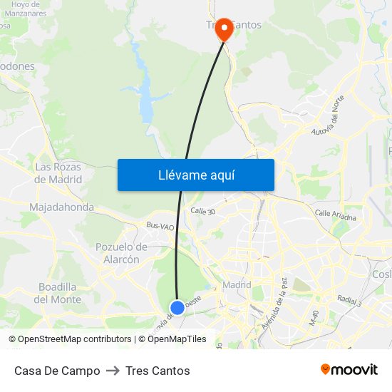Casa De Campo to Tres Cantos map