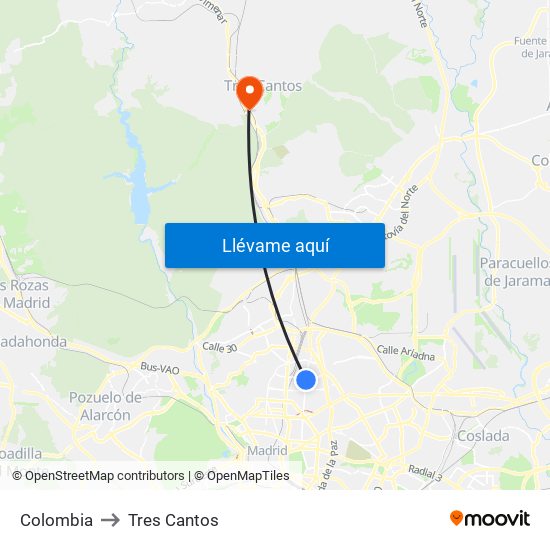 Colombia to Tres Cantos map