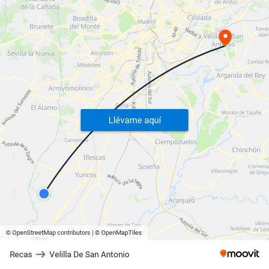 Recas to Velilla De San Antonio map