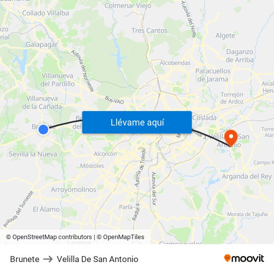 Brunete to Velilla De San Antonio map