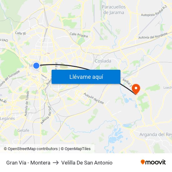 Gran Vía - Montera to Velilla De San Antonio map