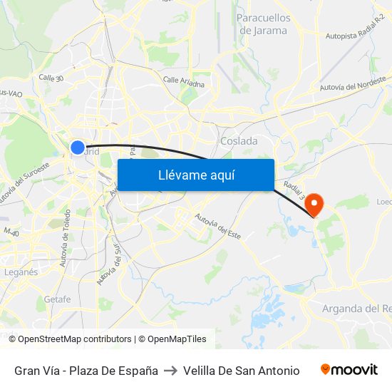 Gran Vía - Plaza De España to Velilla De San Antonio map