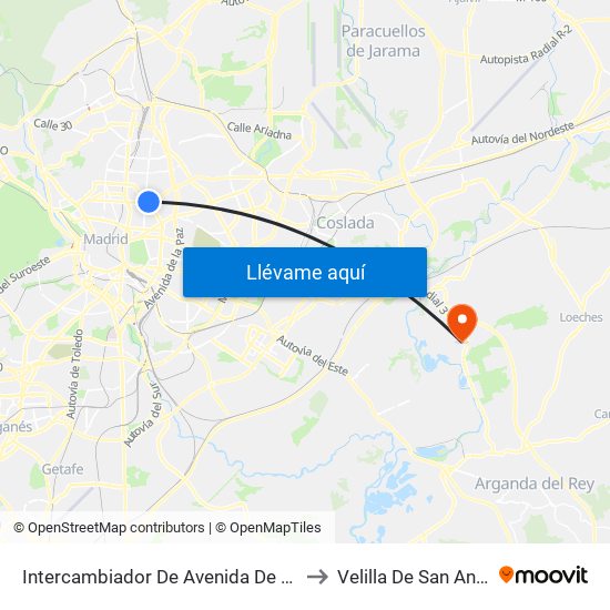 Intercambiador De Avenida De América to Velilla De San Antonio map