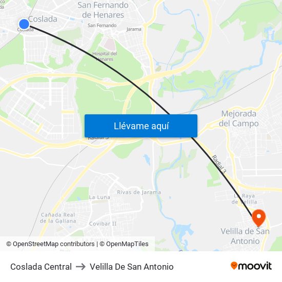 Coslada Central to Velilla De San Antonio map