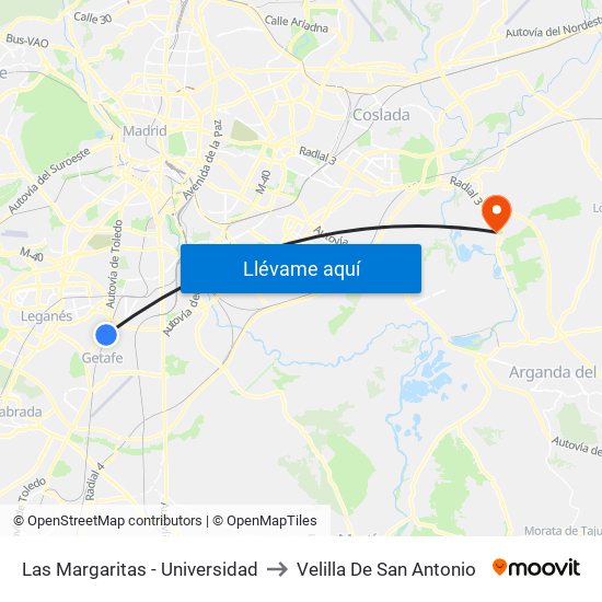 Las Margaritas - Universidad to Velilla De San Antonio map