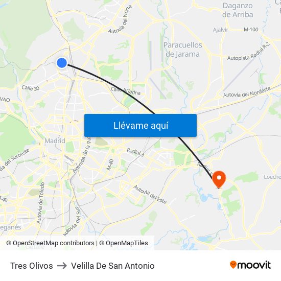 Tres Olivos to Velilla De San Antonio map