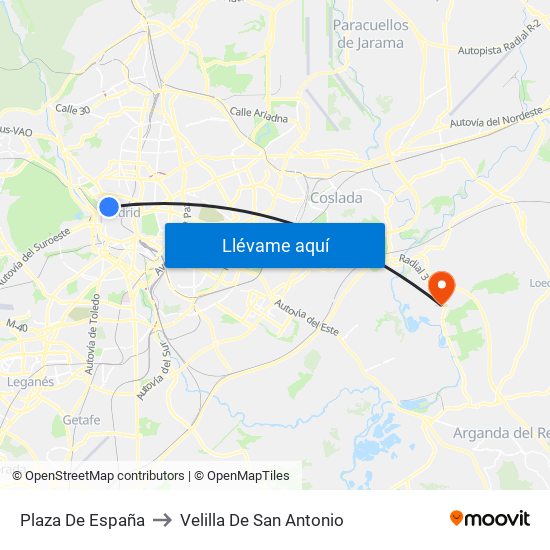 Plaza De España to Velilla De San Antonio map