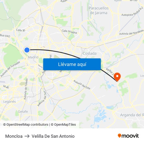 Moncloa to Velilla De San Antonio map