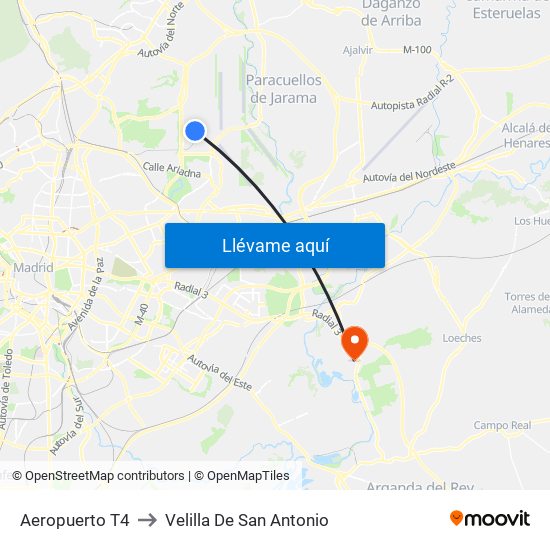 Aeropuerto T4 to Velilla De San Antonio map