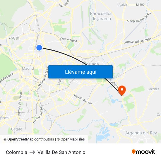 Colombia to Velilla De San Antonio map