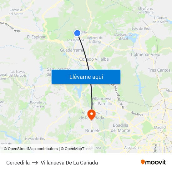 Cercedilla to Villanueva De La Cañada map