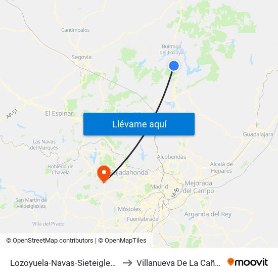 Lozoyuela-Navas-Sieteiglesias to Villanueva De La Cañada map