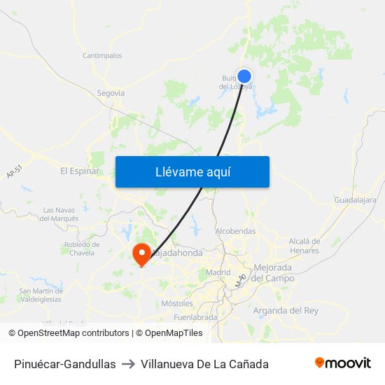 Pinuécar-Gandullas to Villanueva De La Cañada map