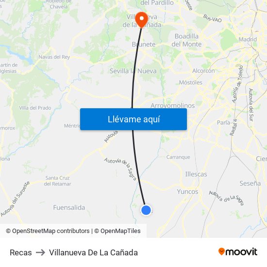 Recas to Villanueva De La Cañada map