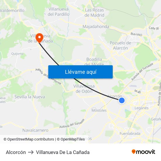 Alcorcón to Villanueva De La Cañada map