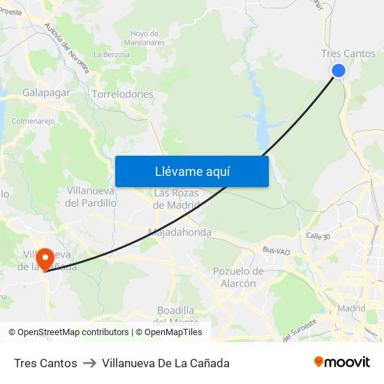 Tres Cantos to Villanueva De La Cañada map