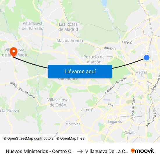 Nuevos Ministerios - Centro Comercial to Villanueva De La Cañada map