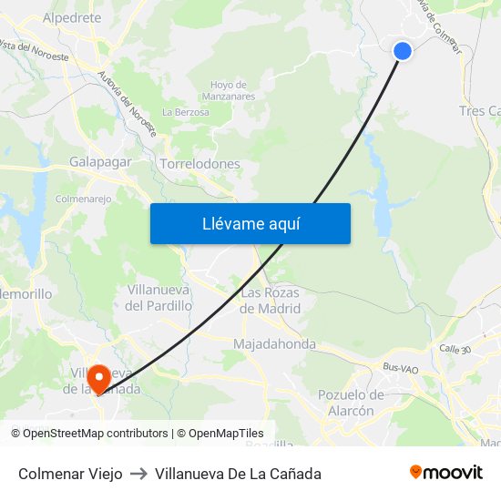 Colmenar Viejo to Villanueva De La Cañada map