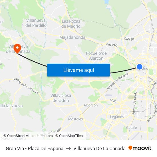 Gran Vía - Plaza De España to Villanueva De La Cañada map