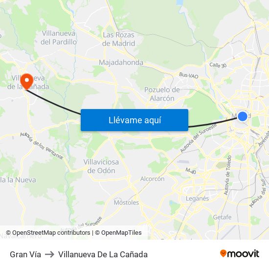 Gran Vía to Villanueva De La Cañada map