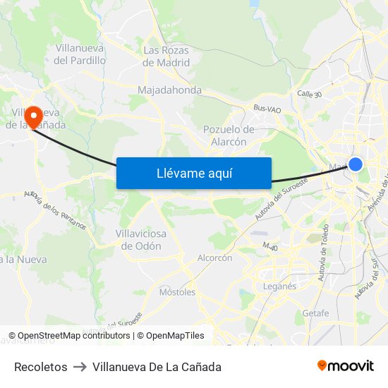 Recoletos to Villanueva De La Cañada map