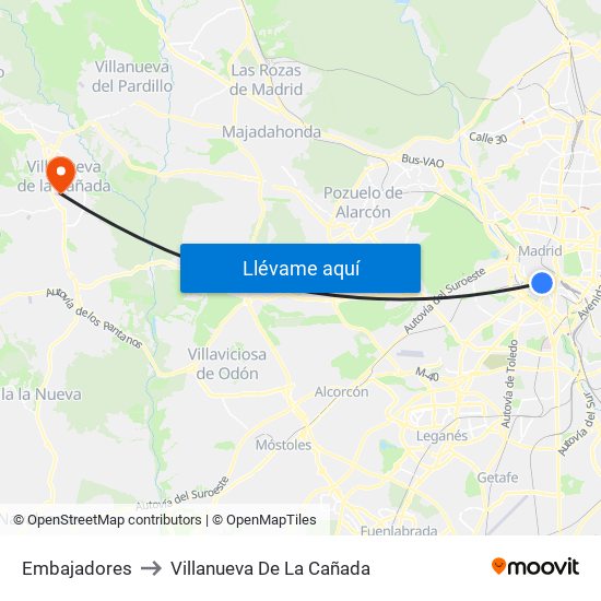 Embajadores to Villanueva De La Cañada map