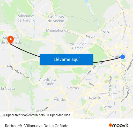 Retiro to Villanueva De La Cañada map