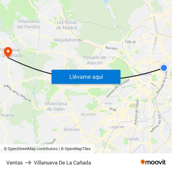 Ventas to Villanueva De La Cañada map