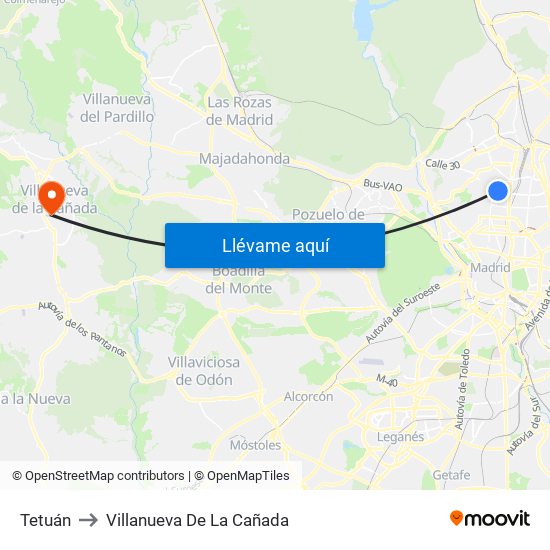 Tetuán to Villanueva De La Cañada map