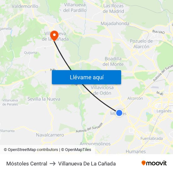 Móstoles Central to Villanueva De La Cañada map